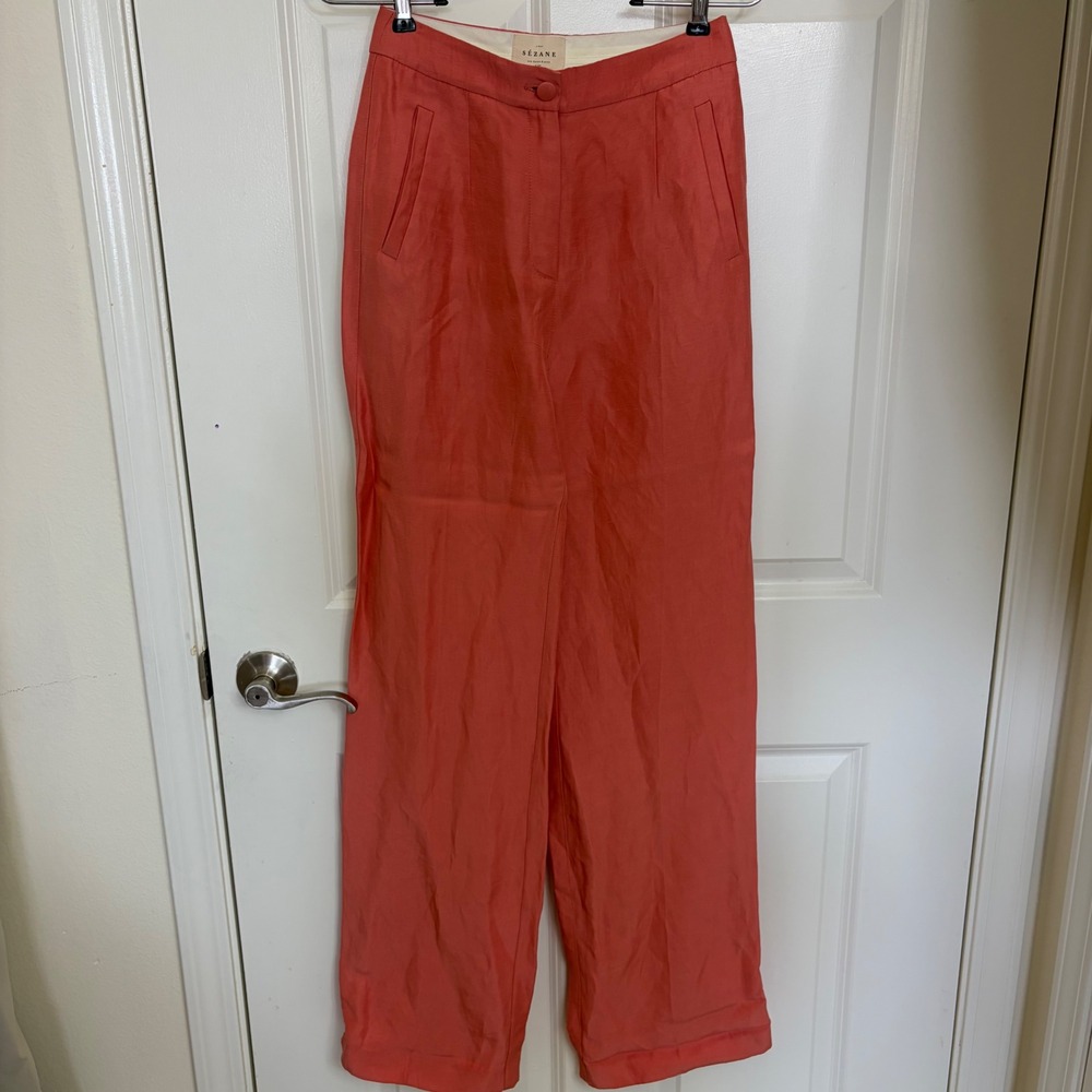 Sezane Pantalon Martin Peche Coral Pink Linen Blend Wide Leg Trousers Size 2 NEW